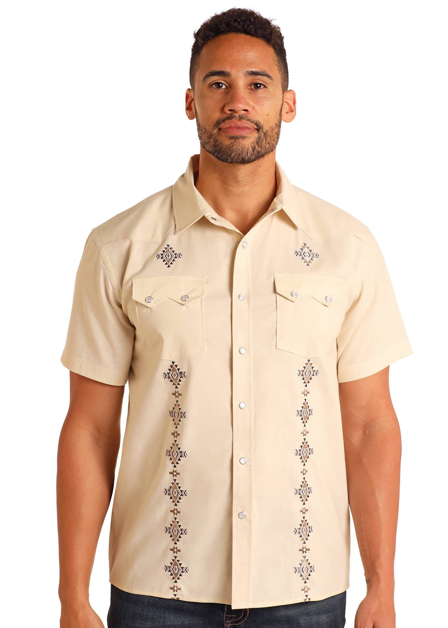 Modern Vintage Diamond Embroidered Short Sleeve Snap Shirt-MesaThread