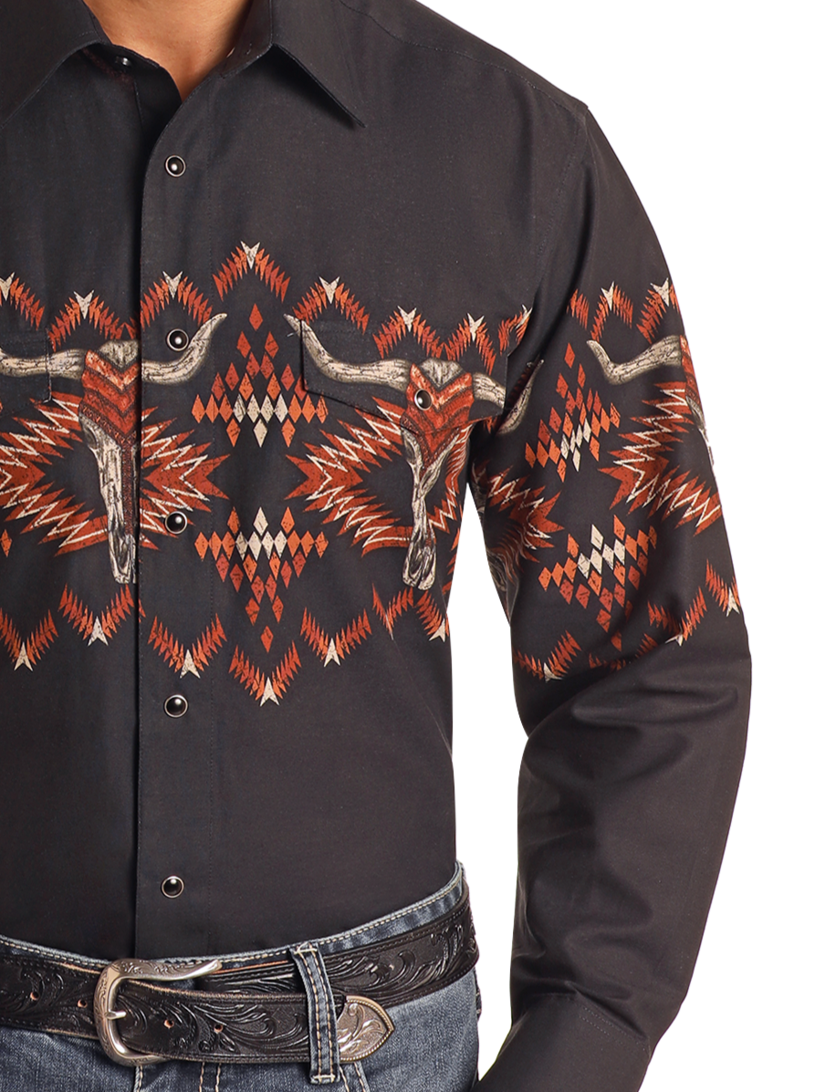 Longhorn Aztec Print Border Shirt-MesaThread