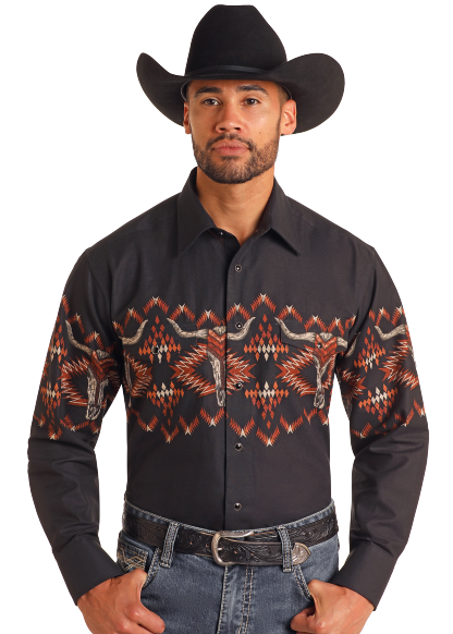 Longhorn Aztec Print Border Shirt-MesaThread