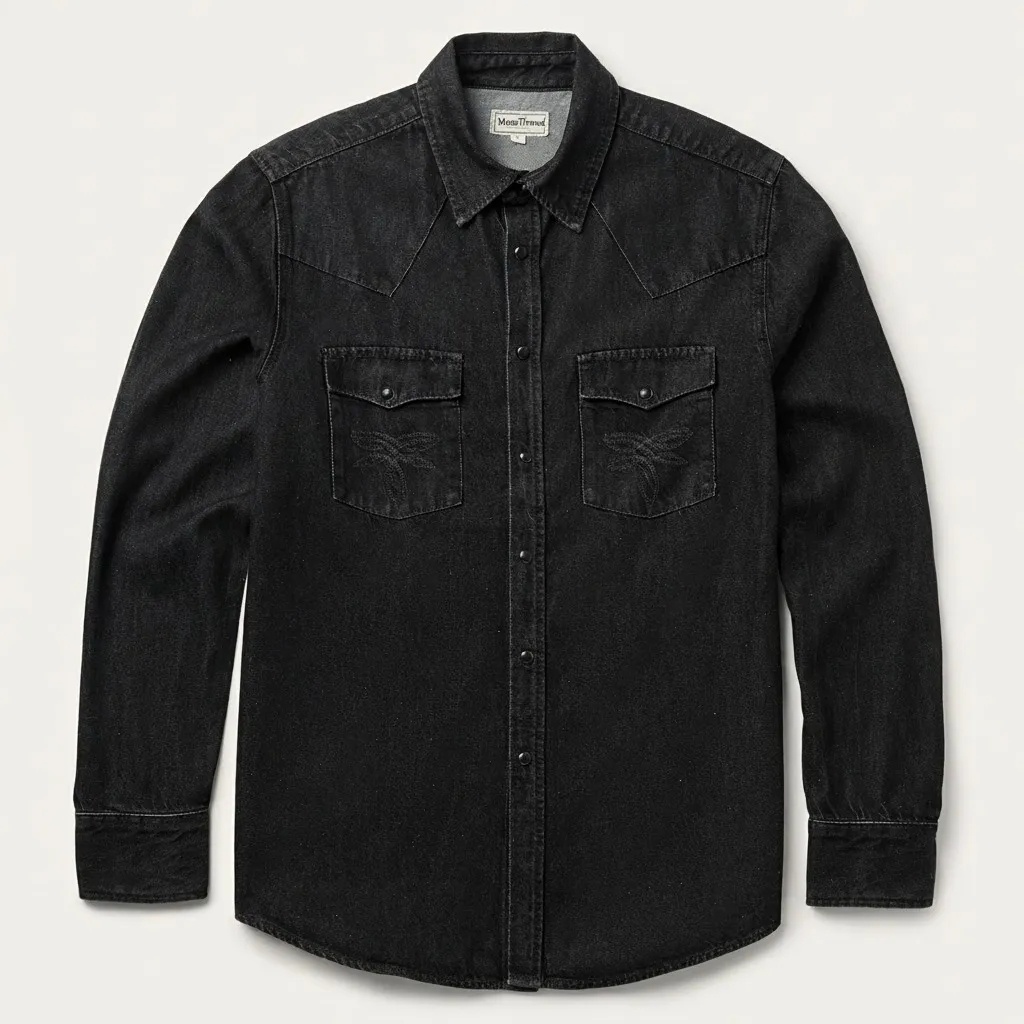 The Obsidian Talon | Embroidered Black Denim Western Shirt