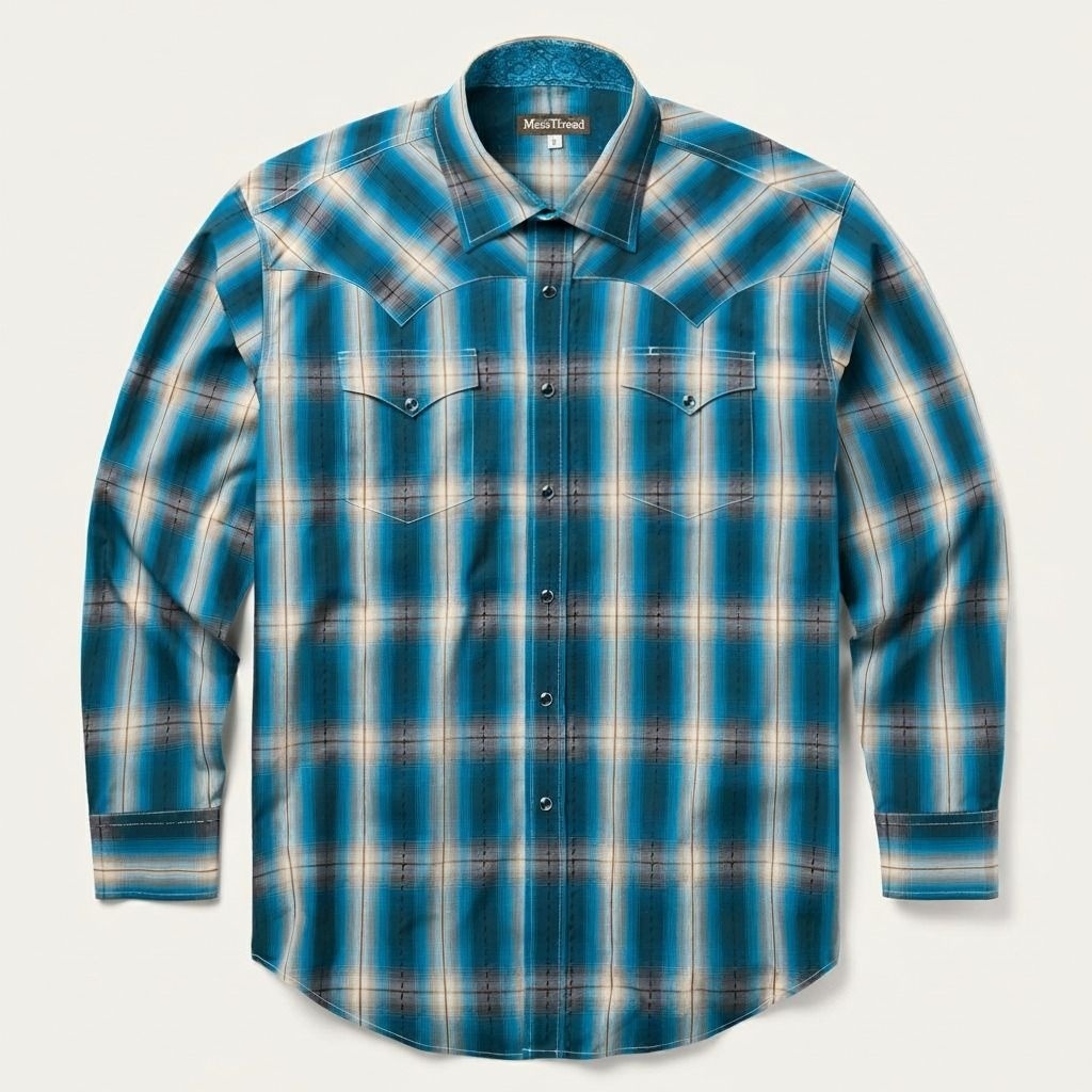 The Azure Mirage | Ombre Plaid Bias-Cut Western Shirt