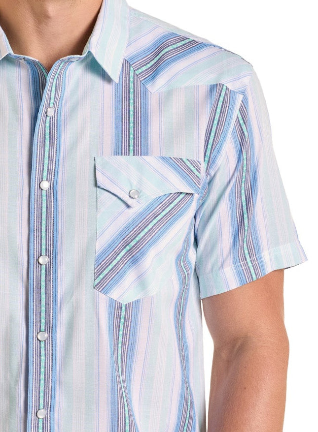 Modern Vintage Blue Stripe Short Sleeve Snap Shirt-MesaThread