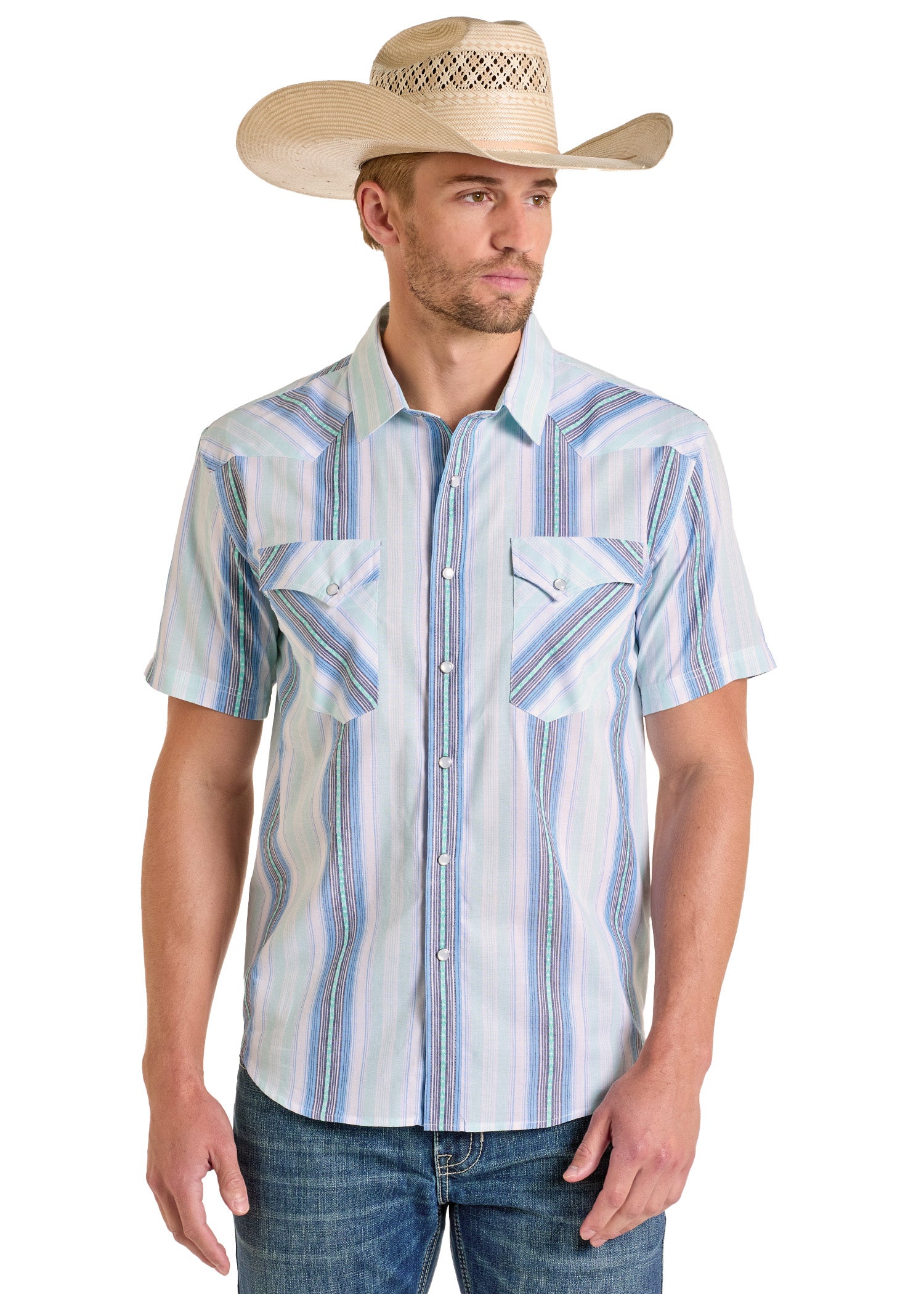 Modern Vintage Blue Stripe Short Sleeve Snap Shirt-MesaThread
