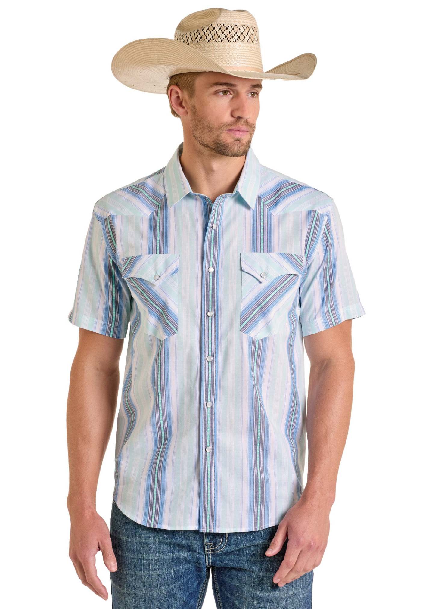 Modern Vintage Blue Stripe Short Sleeve Snap Shirt-MesaThread