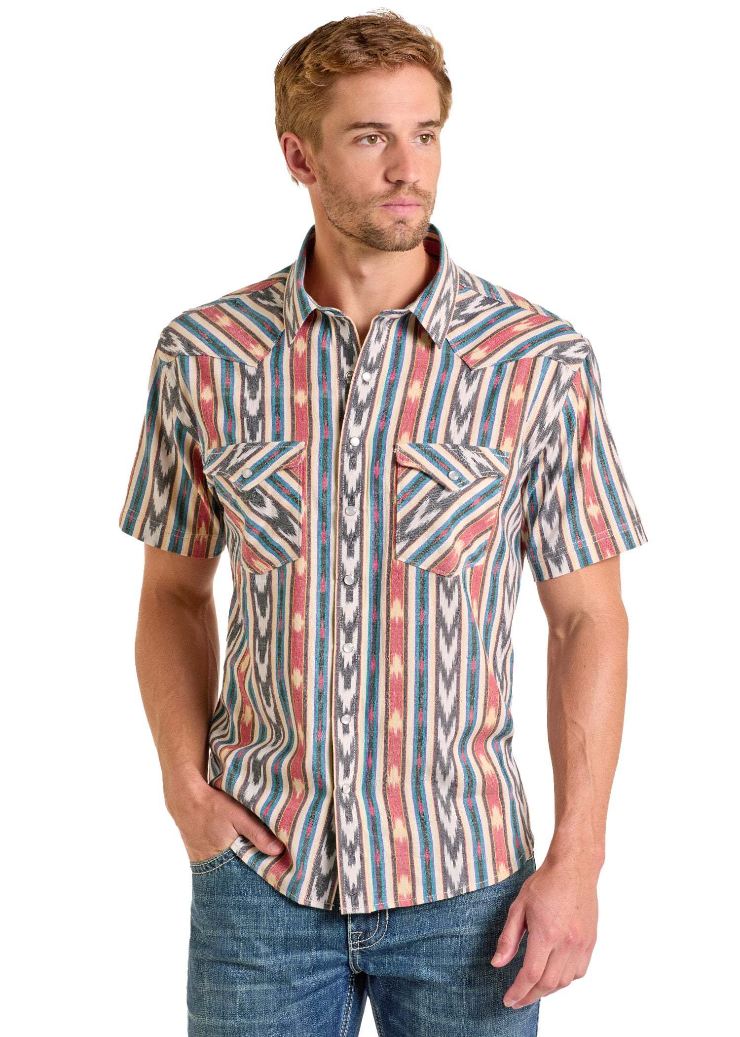 Modern Vintage Striped Ikat Sleeve Snap Shirt-MesaThread