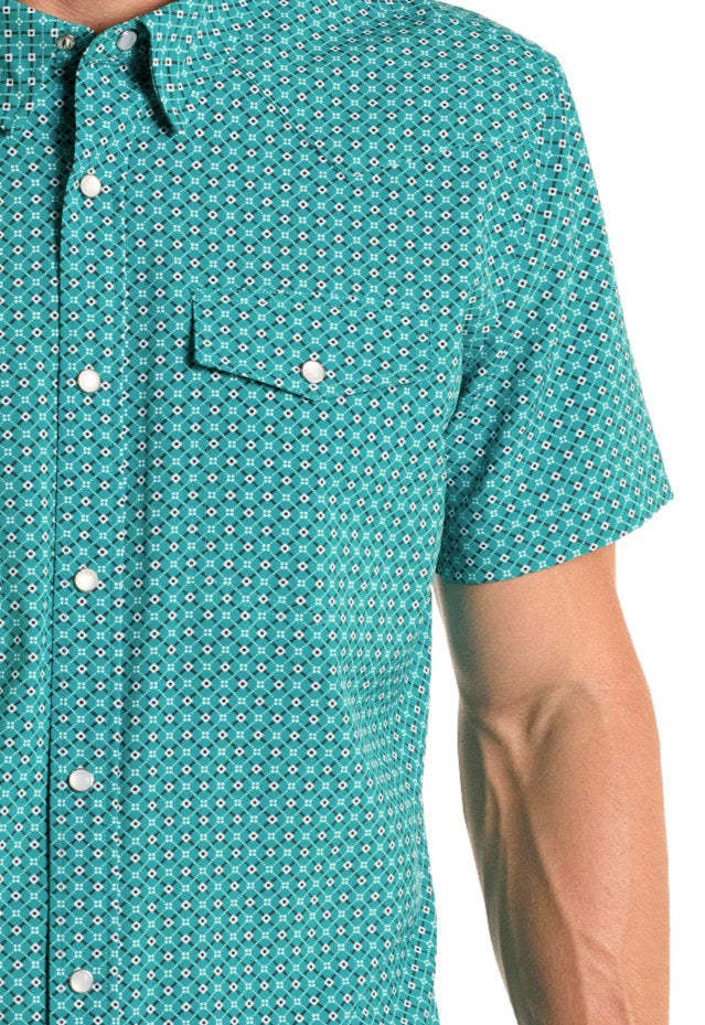 Geometric Turquoise Short Sleeve Snap Performance Shirt-MesaThread