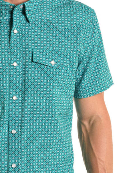 Geometric Turquoise Short Sleeve Snap Performance Shirt-MesaThread