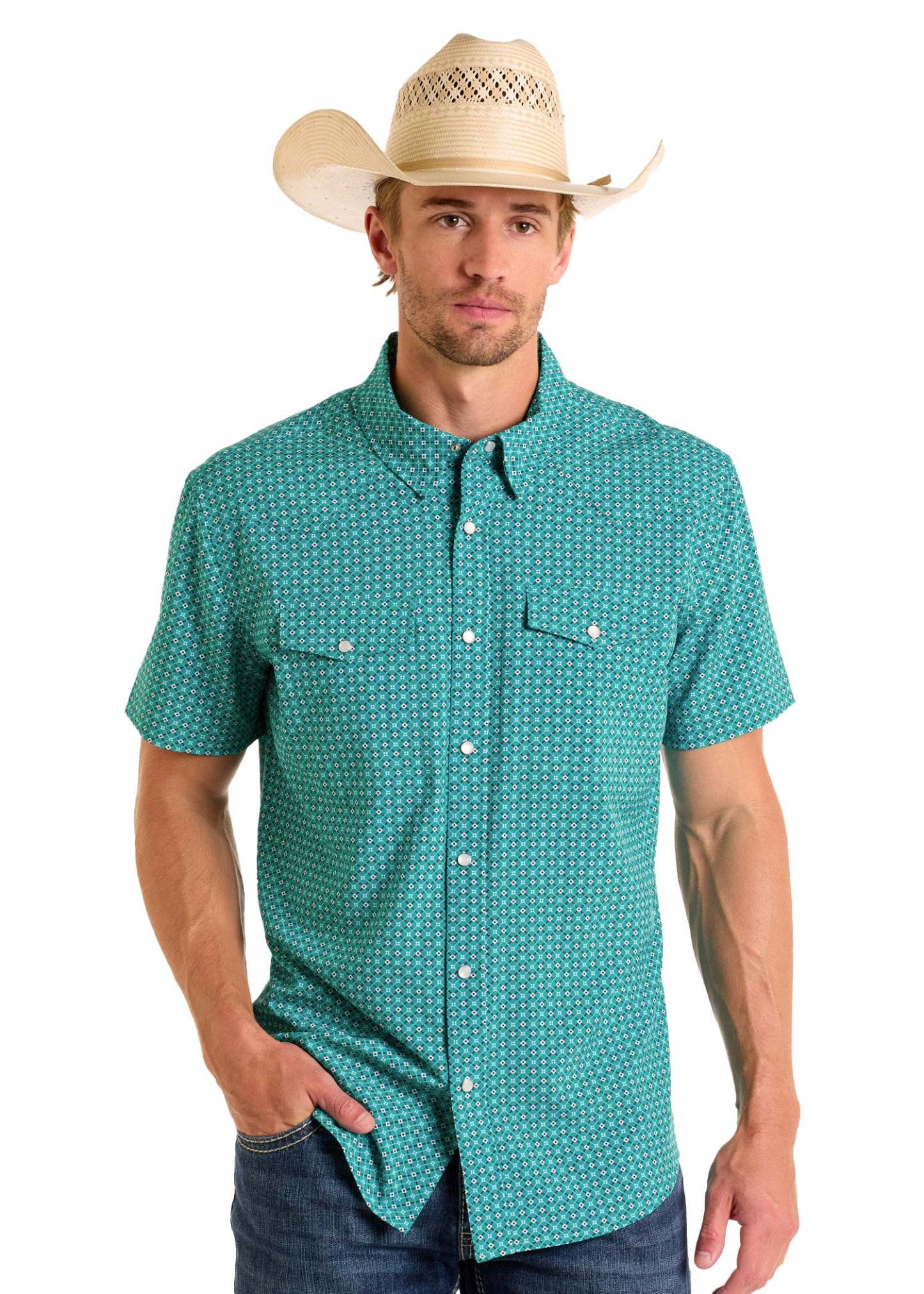 Geometric Turquoise Short Sleeve Snap Performance Shirt-MesaThread