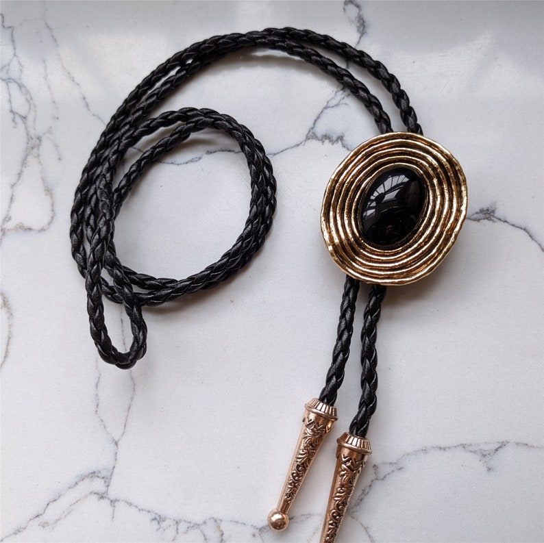 Golden Vortex Black Onyx Mens Bolo Tie-MesaThread