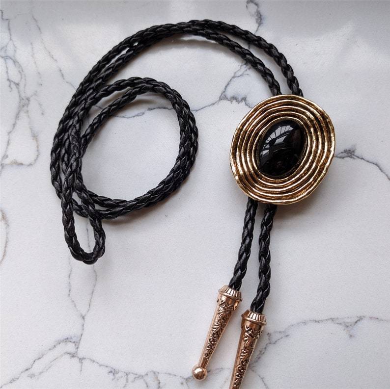 Golden Vortex Black Onyx Mens Bolo Tie-MesaThread