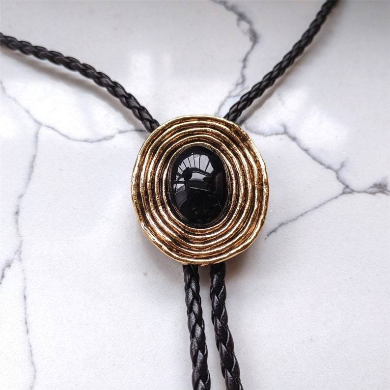 Golden Vortex Black Onyx Mens Bolo Tie-MesaThread