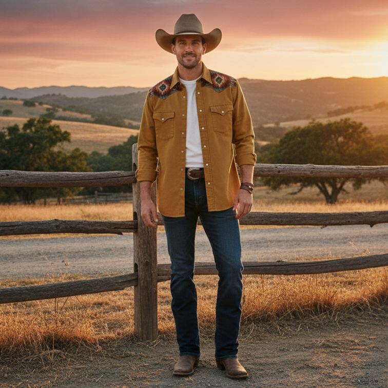 Southwestern Nomad: Diamond-Yoke Western Shirt – Earth Yellow
