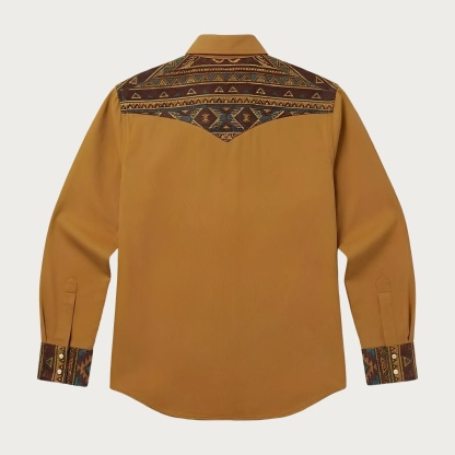 Aztec Totem Geometric Cotton Western Shirt - 4 Prints - Earth Yellow