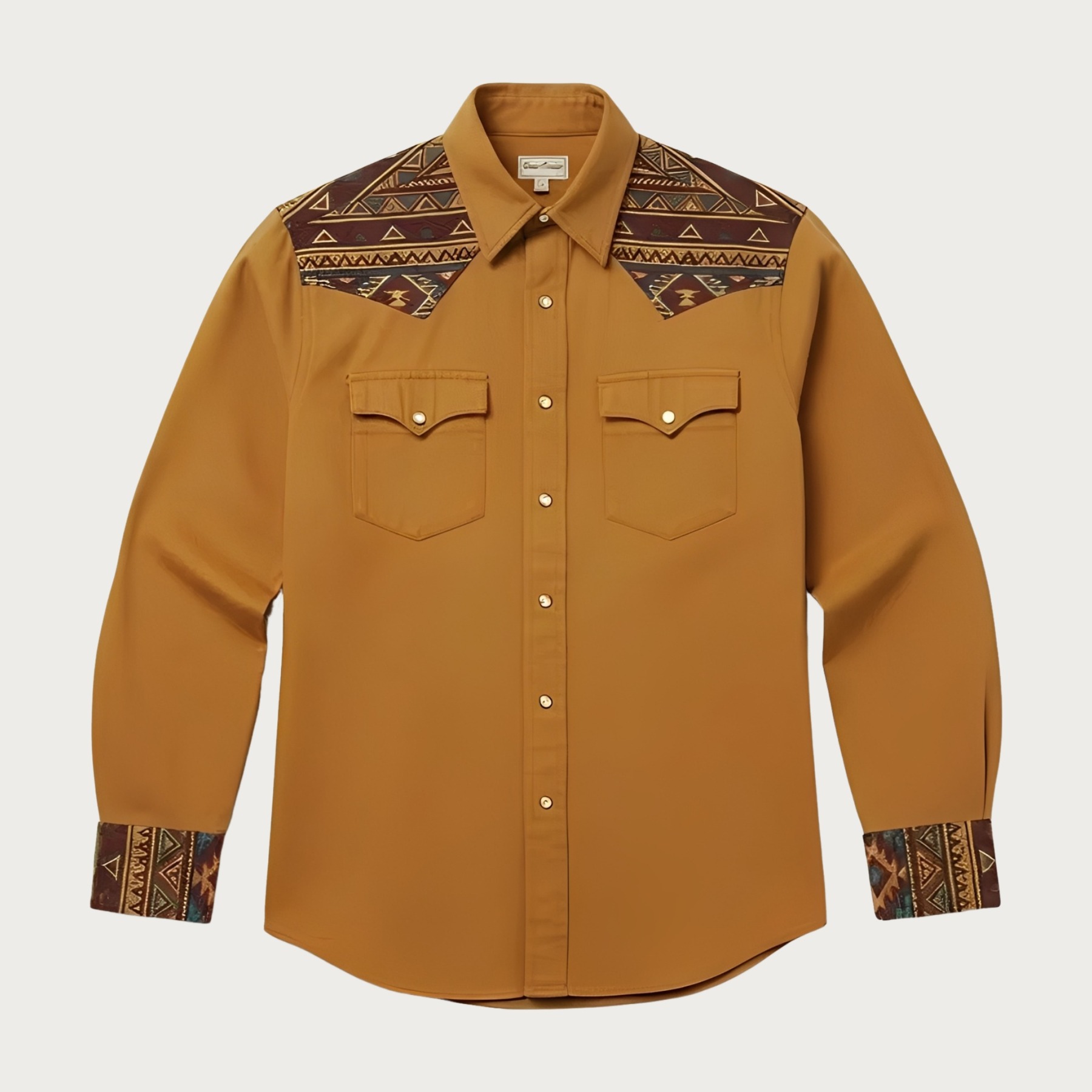 Aztec Totem Geometric Cotton Western Shirt - 4 Prints - Earth Yellow