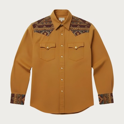 Aztec Totem Geometric Cotton Western Shirt - 4 Prints - Earth Yellow