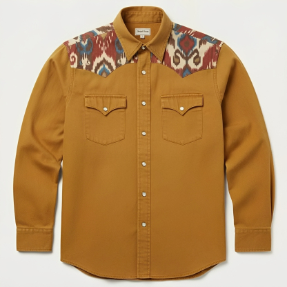 Ikat print western snap shirt - Earthy Yellow 1