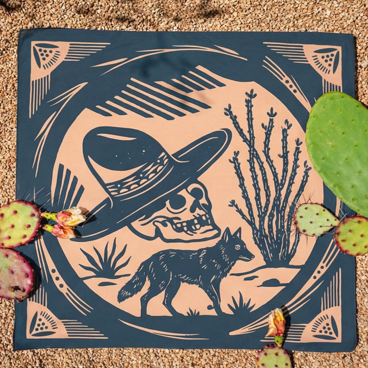 Hand-Illustrated Desert Skull & Coyote Bandana