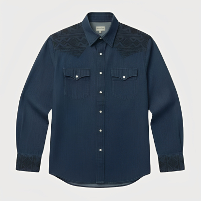 Aztec Totem Geometric Cotton Western Shirt - 4 Prints - Raw Indigo