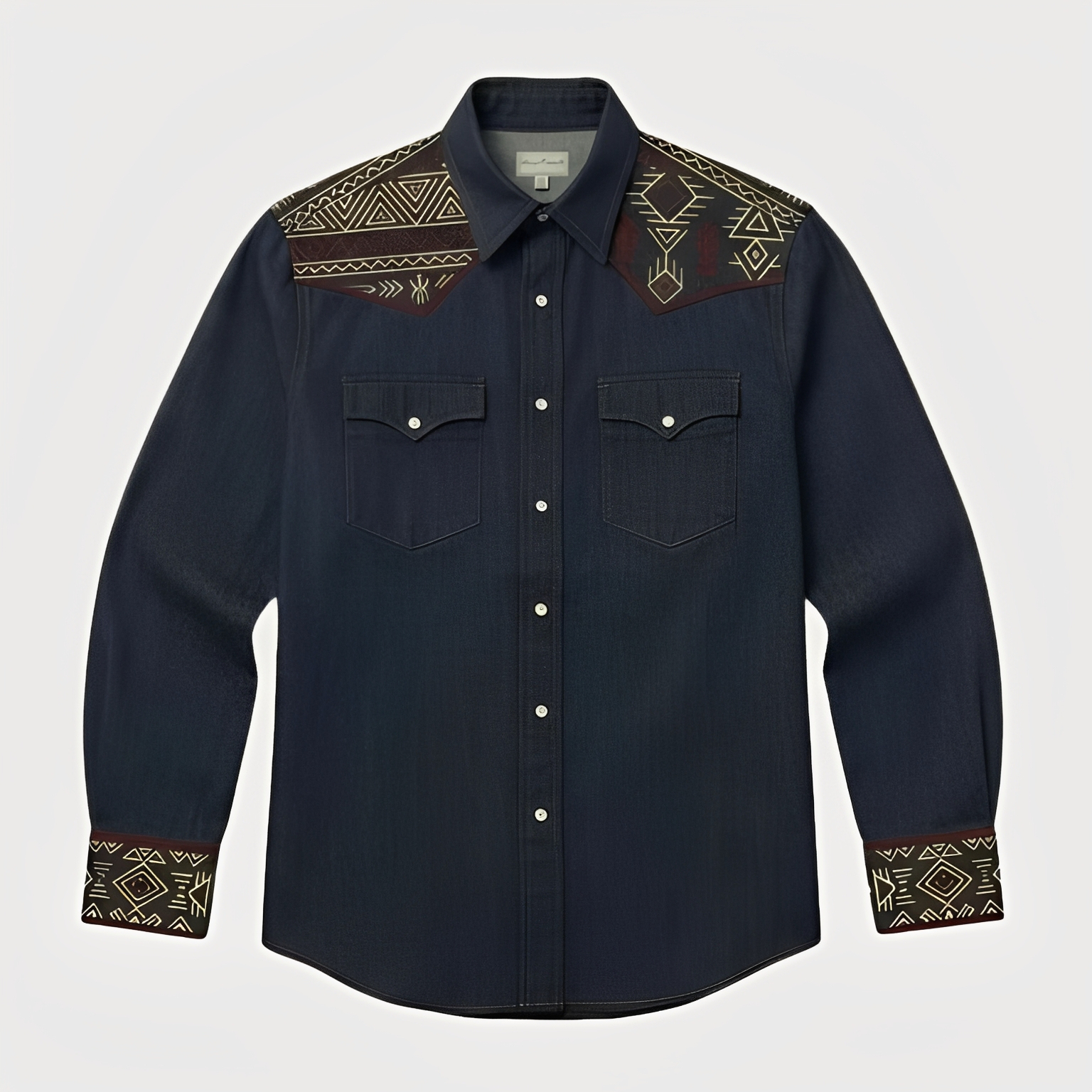 Aztec Totem Geometric Cotton Western Shirt - 4 Prints - Raw Indigo