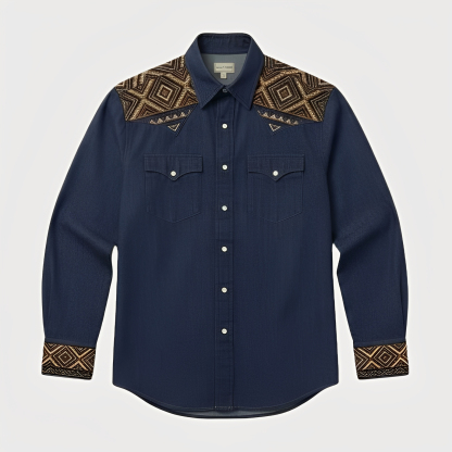 Aztec Totem Geometric Cotton Western Shirt - 4 Prints - Raw Indigo