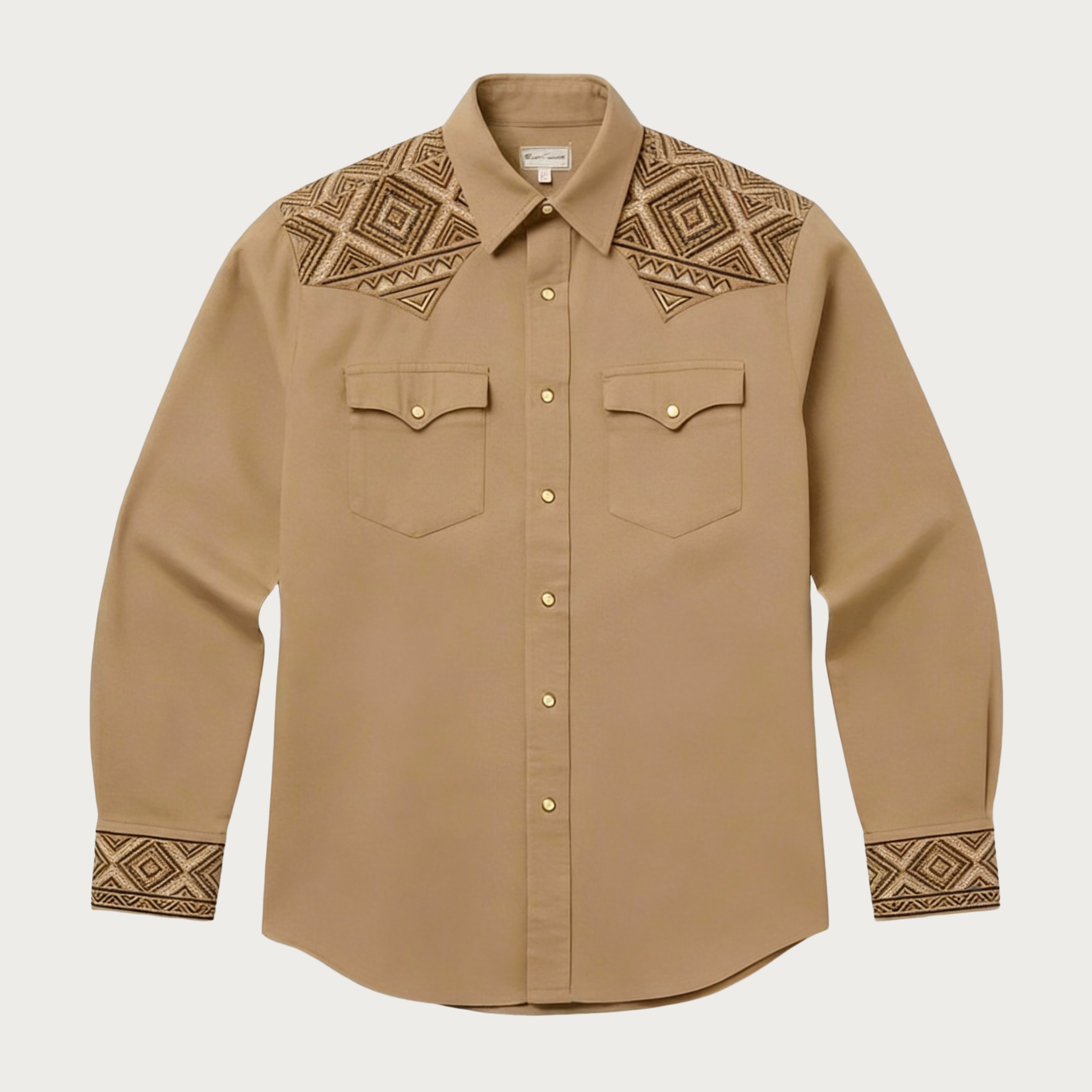 Aztec Totem Geometric Cotton Western Shirt - 4 Prints - Tan Beige