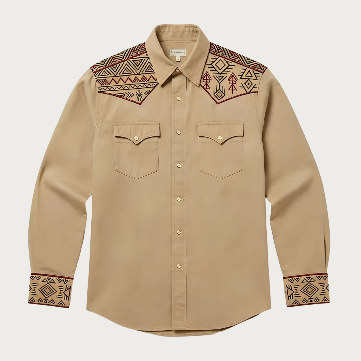 Aztec Totem Geometric Cotton Western Shirt - 4 Prints - Tan Beige