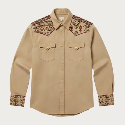Aztec Totem Geometric Cotton Western Shirt - 4 Prints - Tan Beige