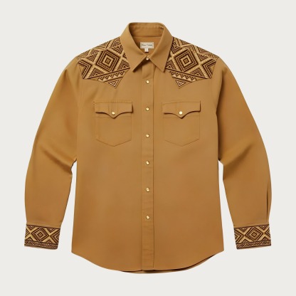 Aztec Totem Geometric Cotton Western Shirt - 4 Prints - Earth Yellow