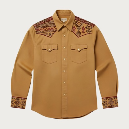 Aztec Totem Geometric Cotton Western Shirt - 4 Prints - Earth Yellow