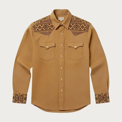 Aztec Totem Geometric Cotton Western Shirt - 4 Prints - Earth Yellow