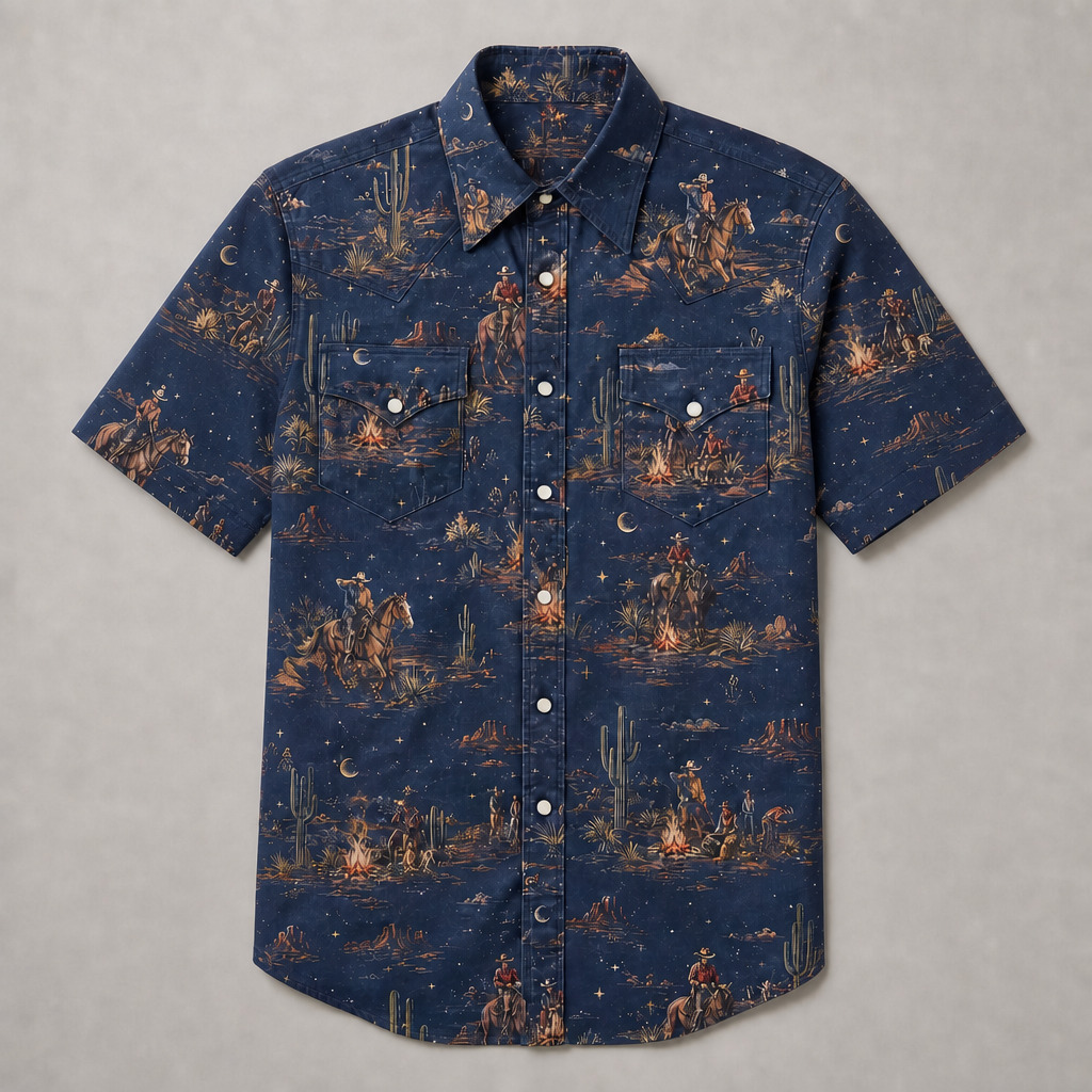 the-midnight-campfire-vintage-illustrated-rodeo-western-short-sleeve-shirt-front-view