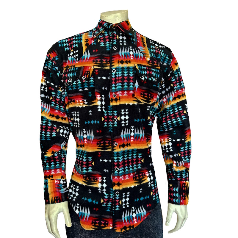 Native Pattern Fleece Western Shirt Black & Red-MesaThread