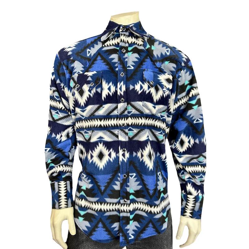 Native Pattern Fleece Western Shirt Blue & Black-MesaThread