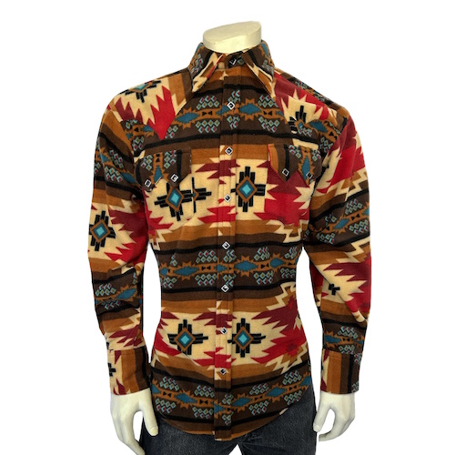 Native Pattern Fleece Western Shirt Brown & Red-MesaThread