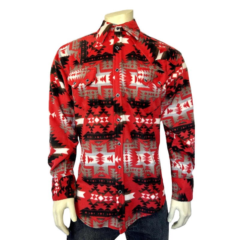 Native Pattern Fleece Western Shirt Red & Grey-MesaThread