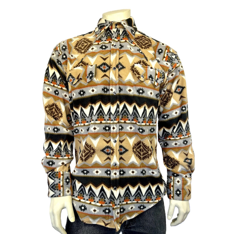 Native Pattern Fleece Western Shirt Tan & Black-MesaThread