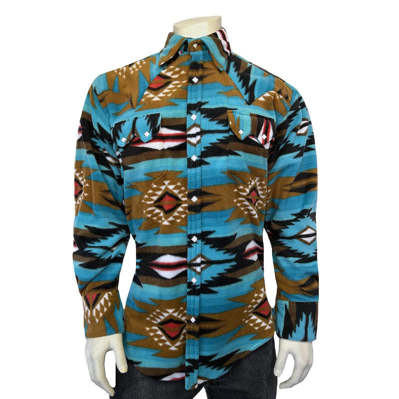 Native Pattern Fleece Western Shirt Turquoise & Brown-MesaThread