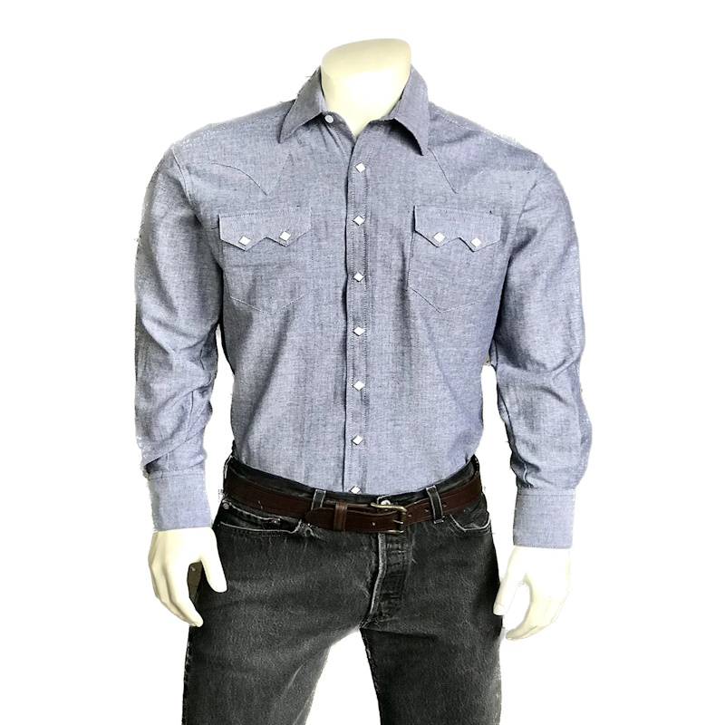 Men's Blue Pima Cotton Herringbone Western Shirt-MesaThread