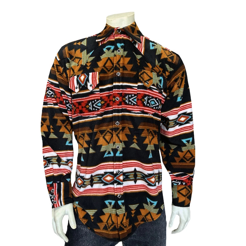 Native Pattern Fleece Western Shirt Black & Rust-MesaThread