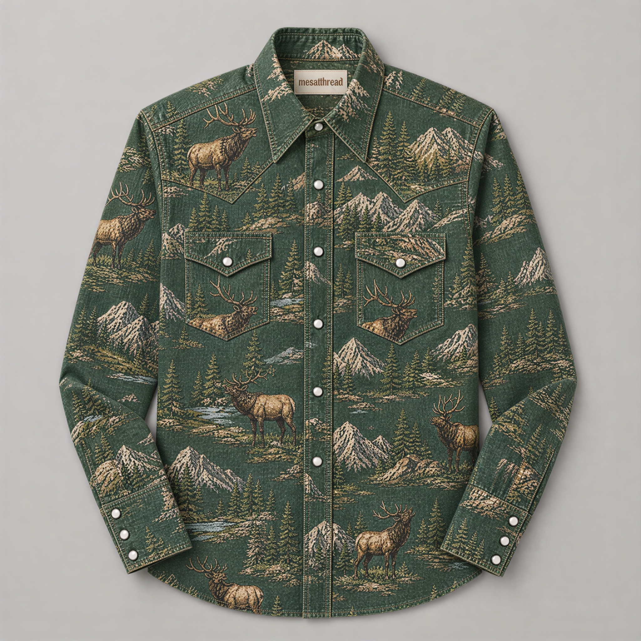 The Timberline Elk | Washed Denim Illustrated Rodeo Western Shirt