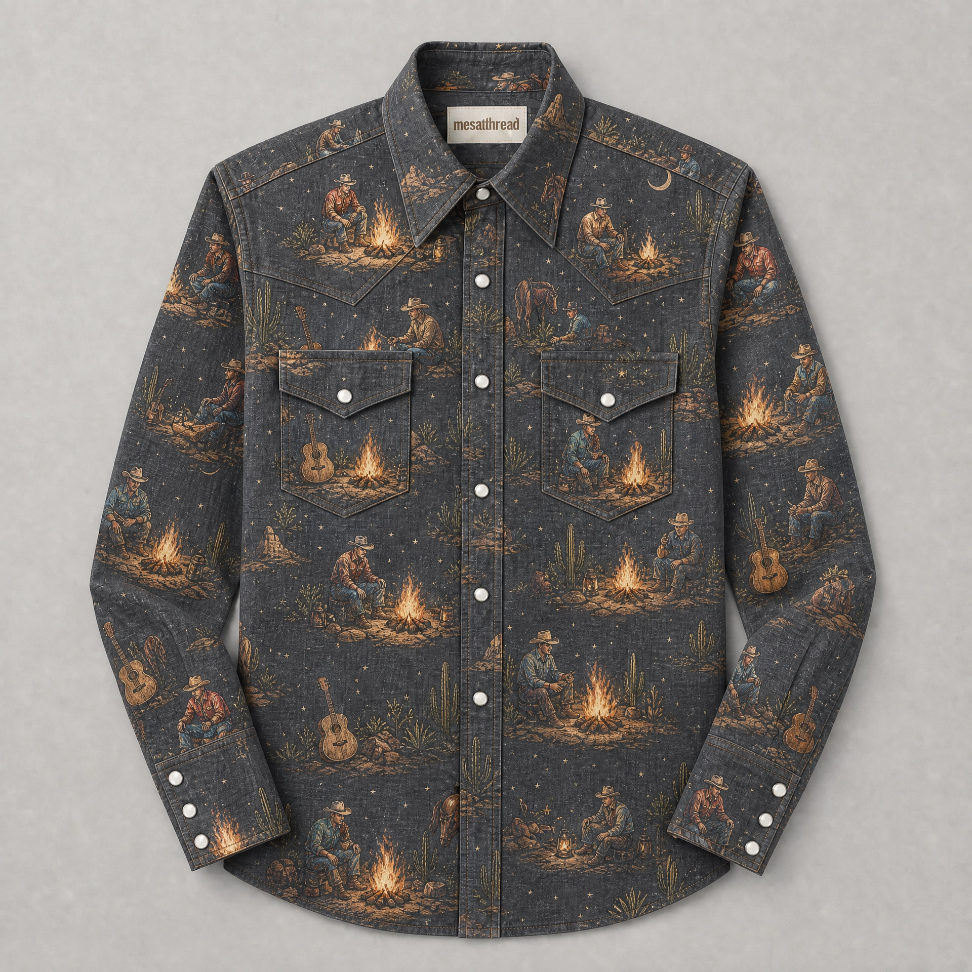 The Charcoal Hearth | Faded Denim Illustrated Rodeo Western Shirt