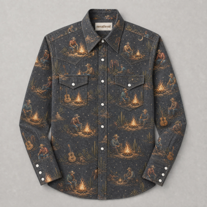 The Charcoal Hearth | Faded Denim Illustrated Rodeo Western Shirt