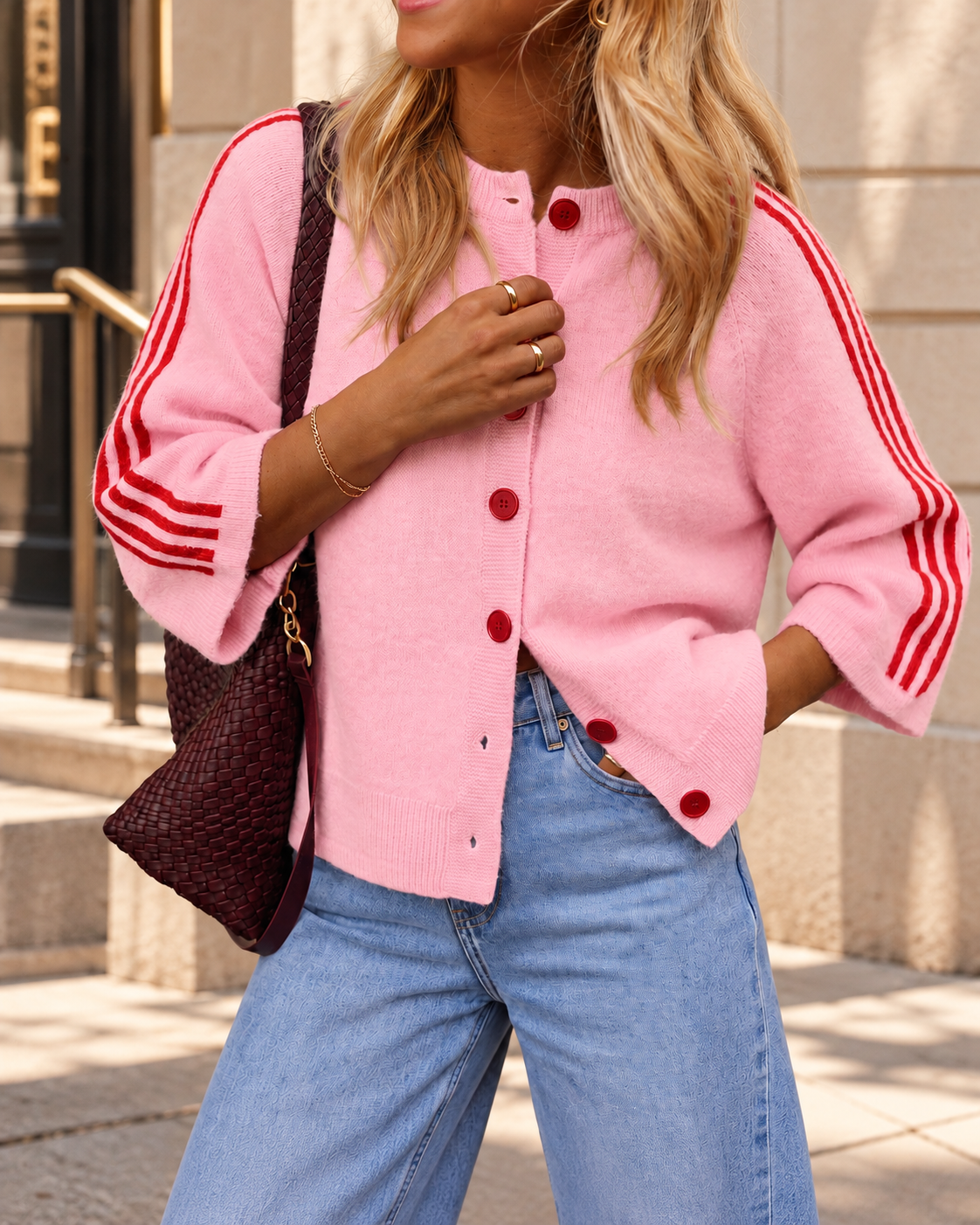 Women Striped 3/4 Sleeve Knit Cardigan