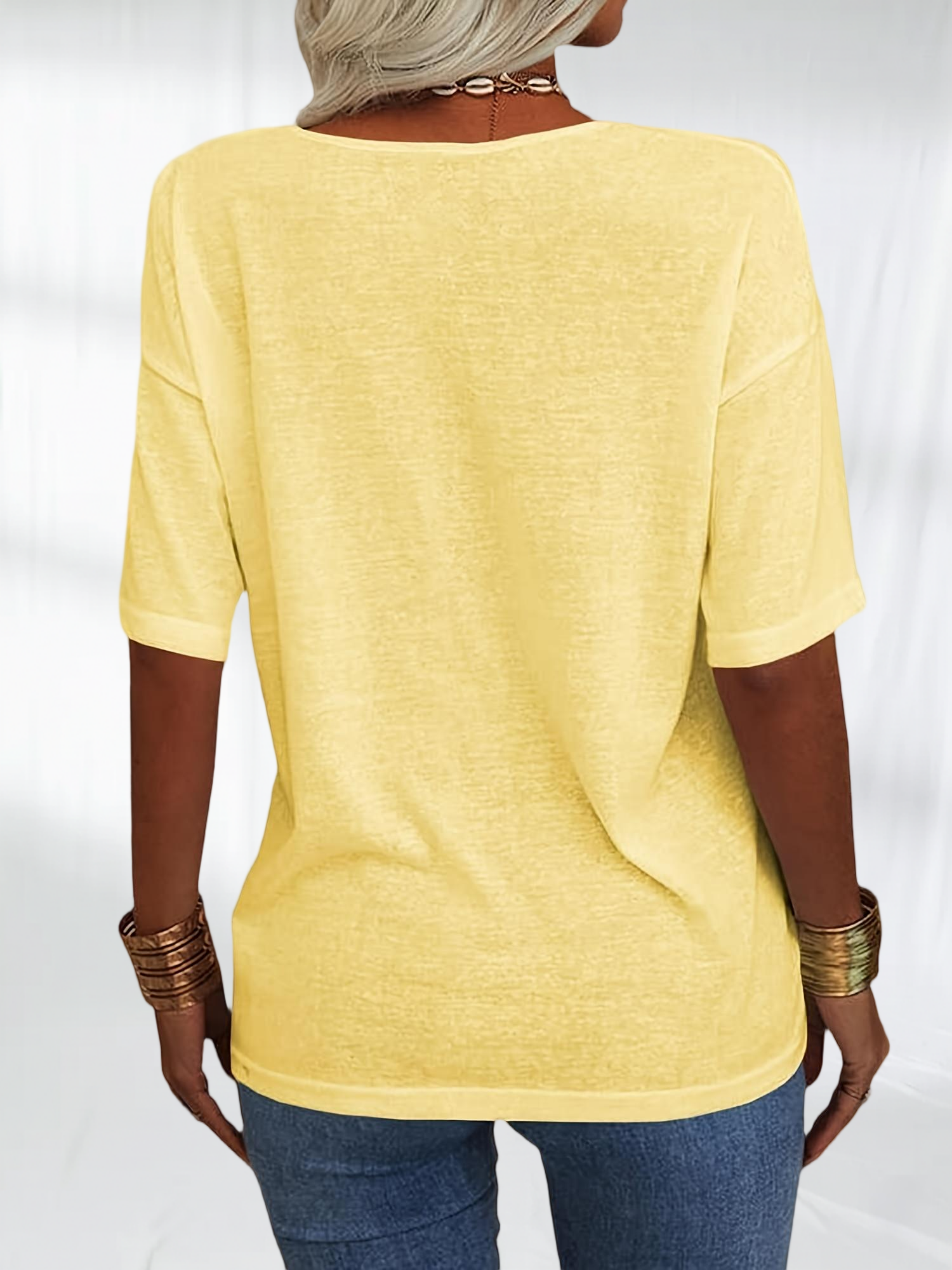 Imily Bela Women Fashion V-Neck Half Sleeves Oversized T Shirt Solid Casual Loose Basic Tops