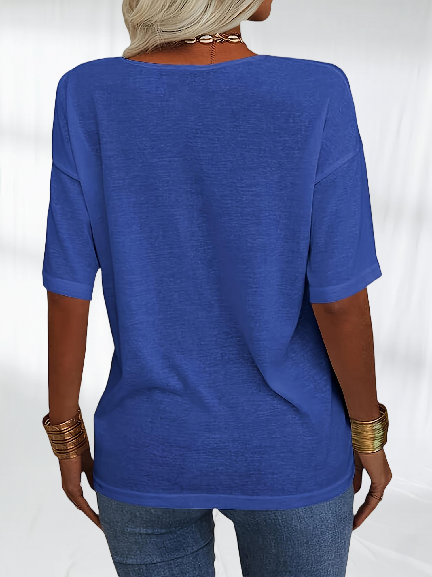 Imily Bela Women Fashion V-Neck Half Sleeves Oversized T Shirt Solid Casual Loose Basic Tops