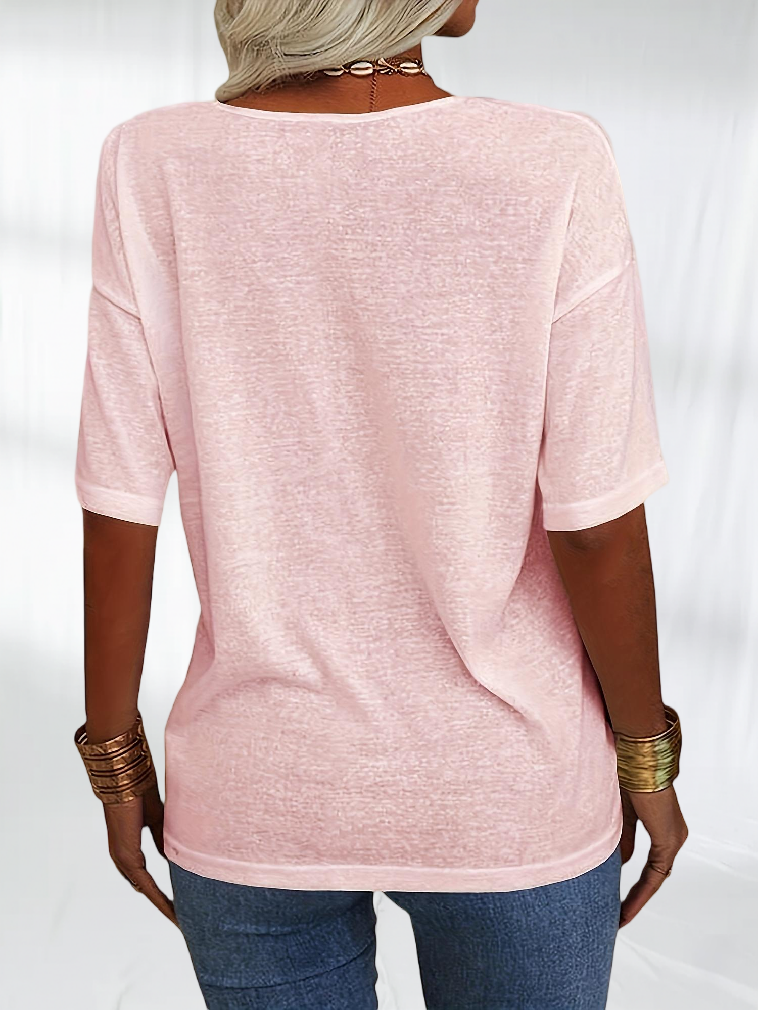 Imily Bela Women Fashion V-Neck Half Sleeves Oversized T Shirt Solid Casual Loose Basic Tops