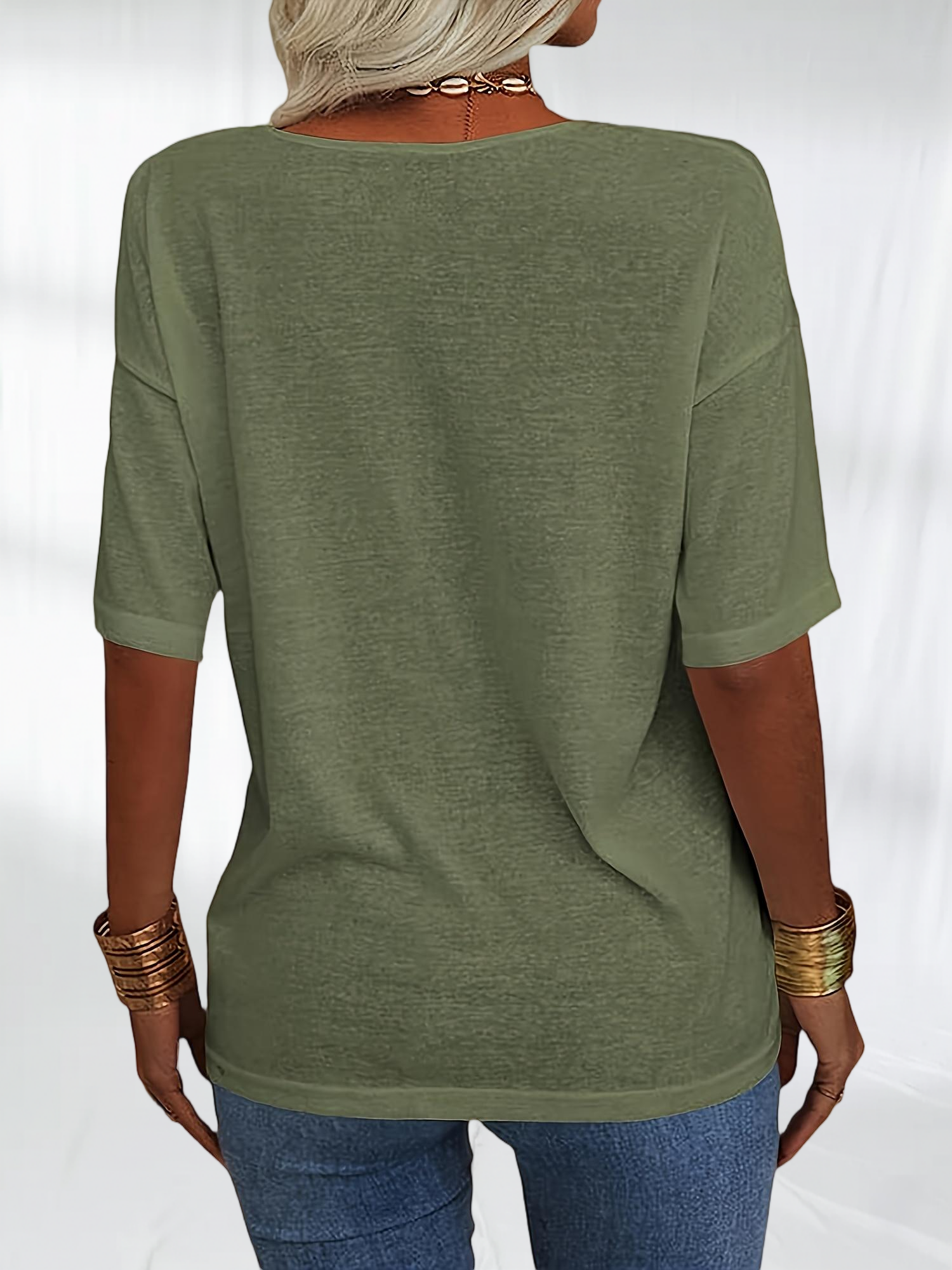 Imily Bela Women Fashion V-Neck Half Sleeves Oversized T Shirt Solid Casual Loose Basic Tops