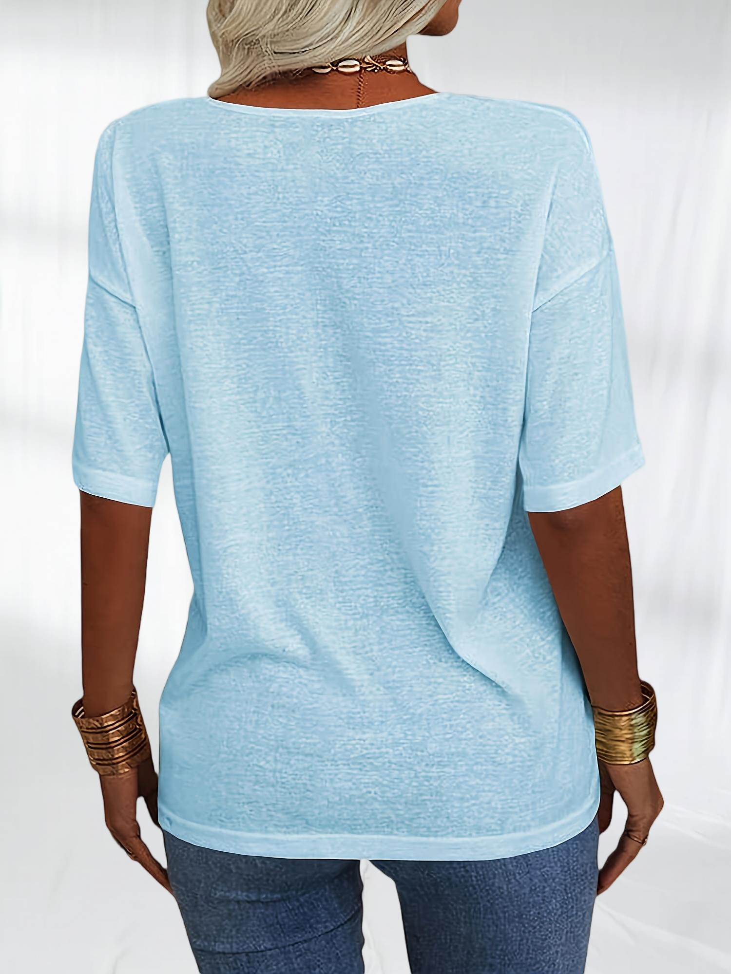 Imily Bela Women Fashion V-Neck Half Sleeves Oversized T Shirt Solid Casual Loose Basic Tops