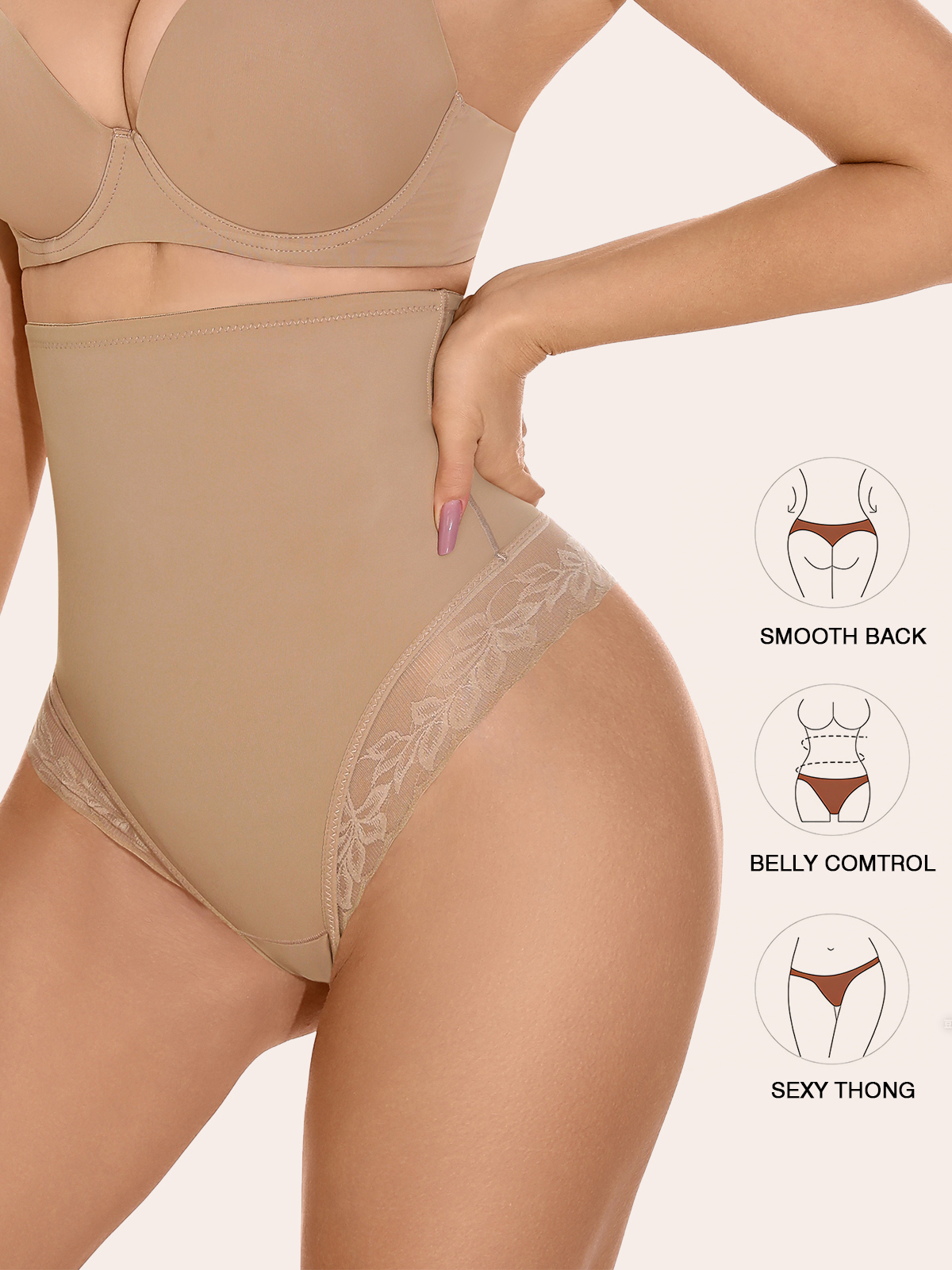 Imily Bela High Waist Comfort Tummy Control Thong Shapewear with Sexy Lace Edge for Hip Lift