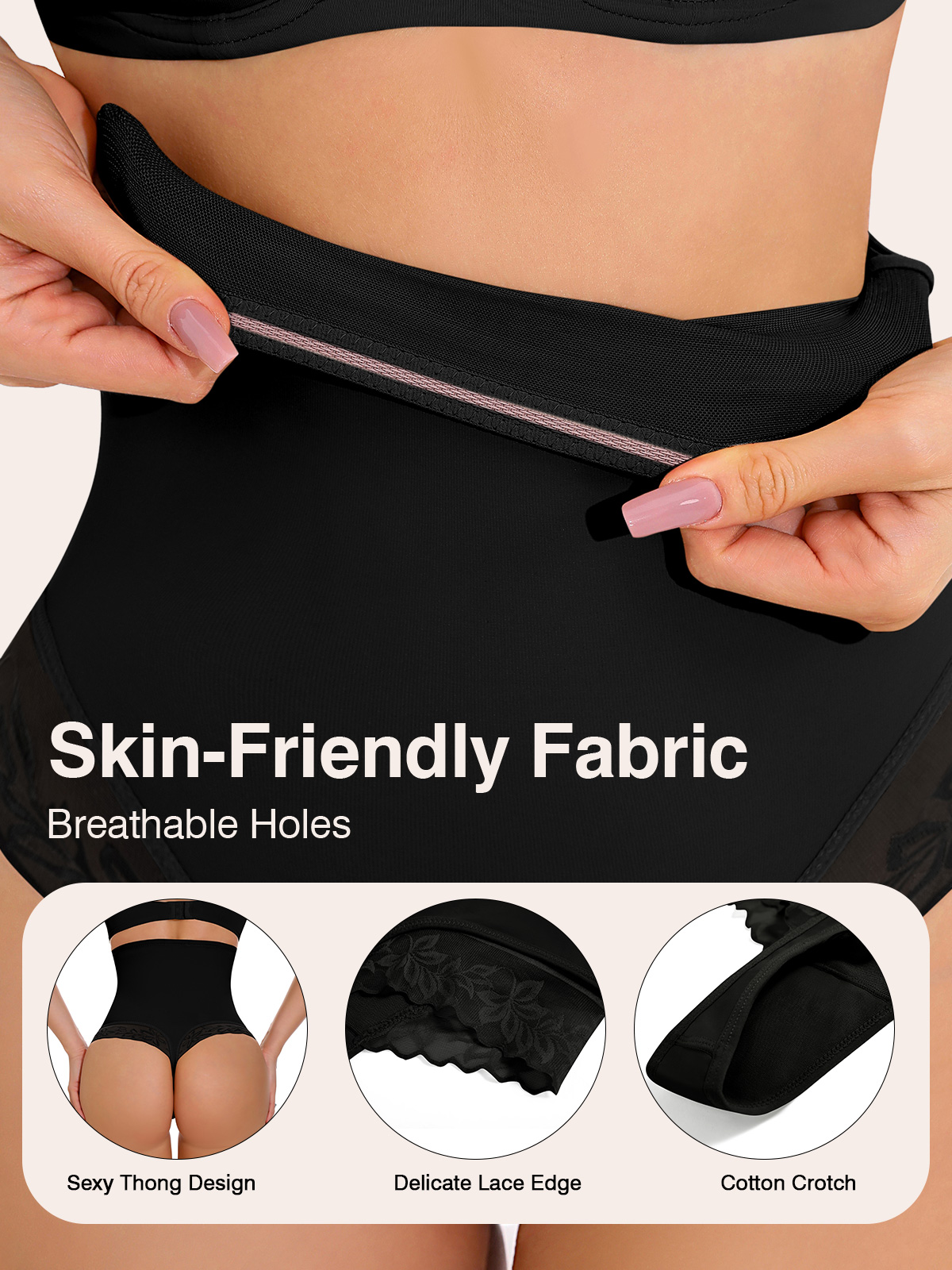 Imily Bela High Waist Comfort Tummy Control Thong Shapewear with Sexy Lace Edge for Hip Lift